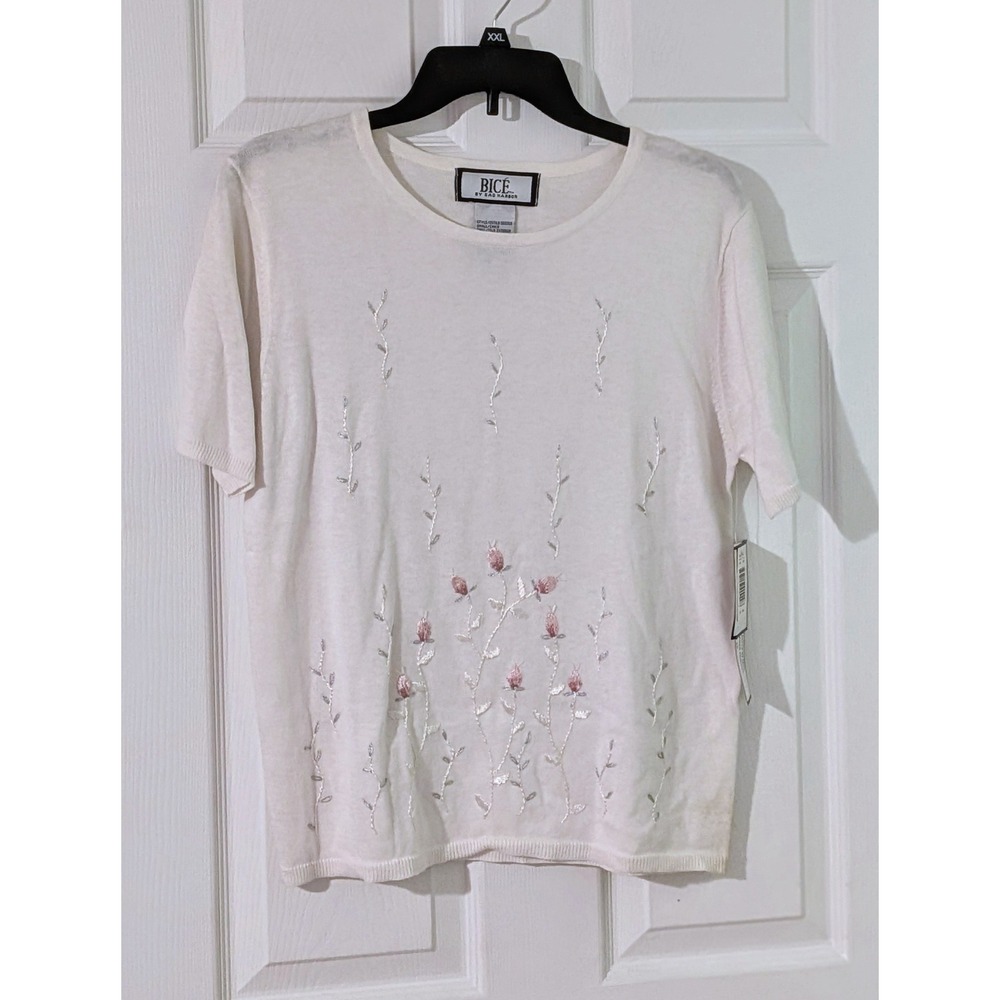 BICE‎ by Sag Harbor Embellished Floral Top Short Sleeve Knit Beige Small NWT